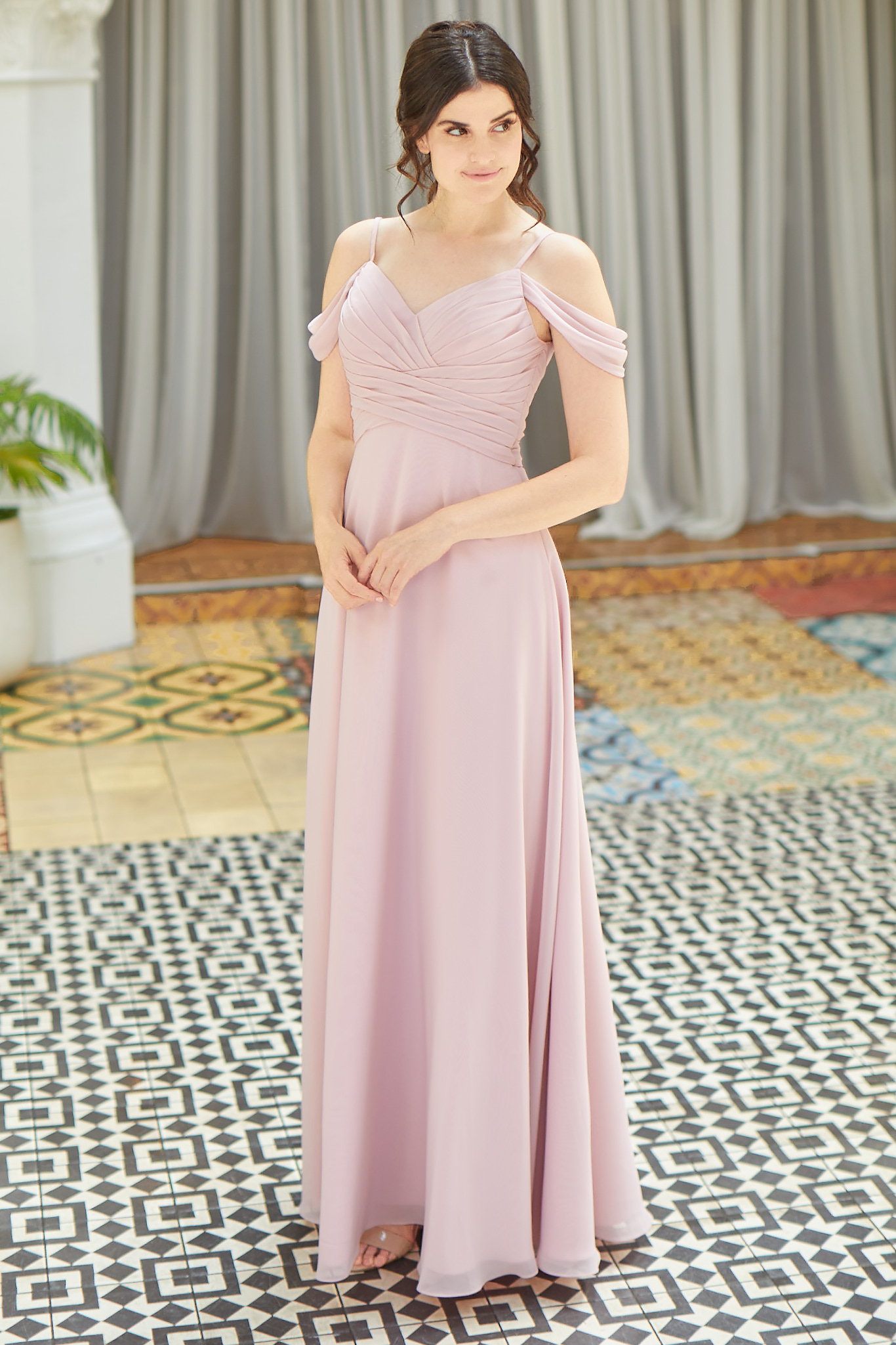 Woman in long pink dress